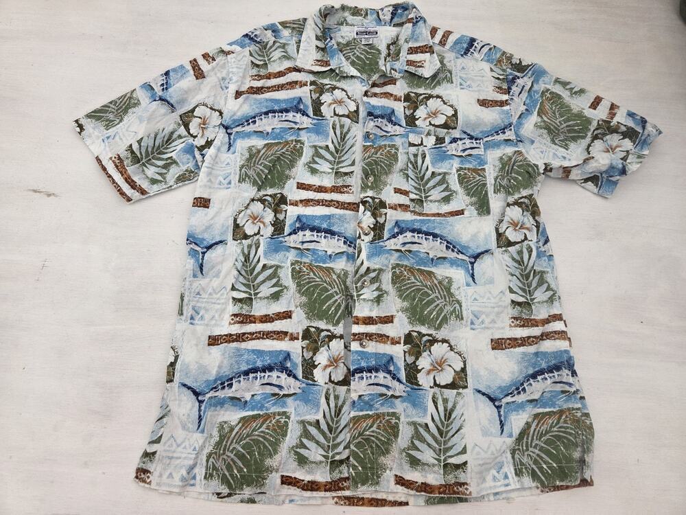 Hook & Tackle Shirt Mens XL Button up Fish Floral Print Short Sleeve Pocket